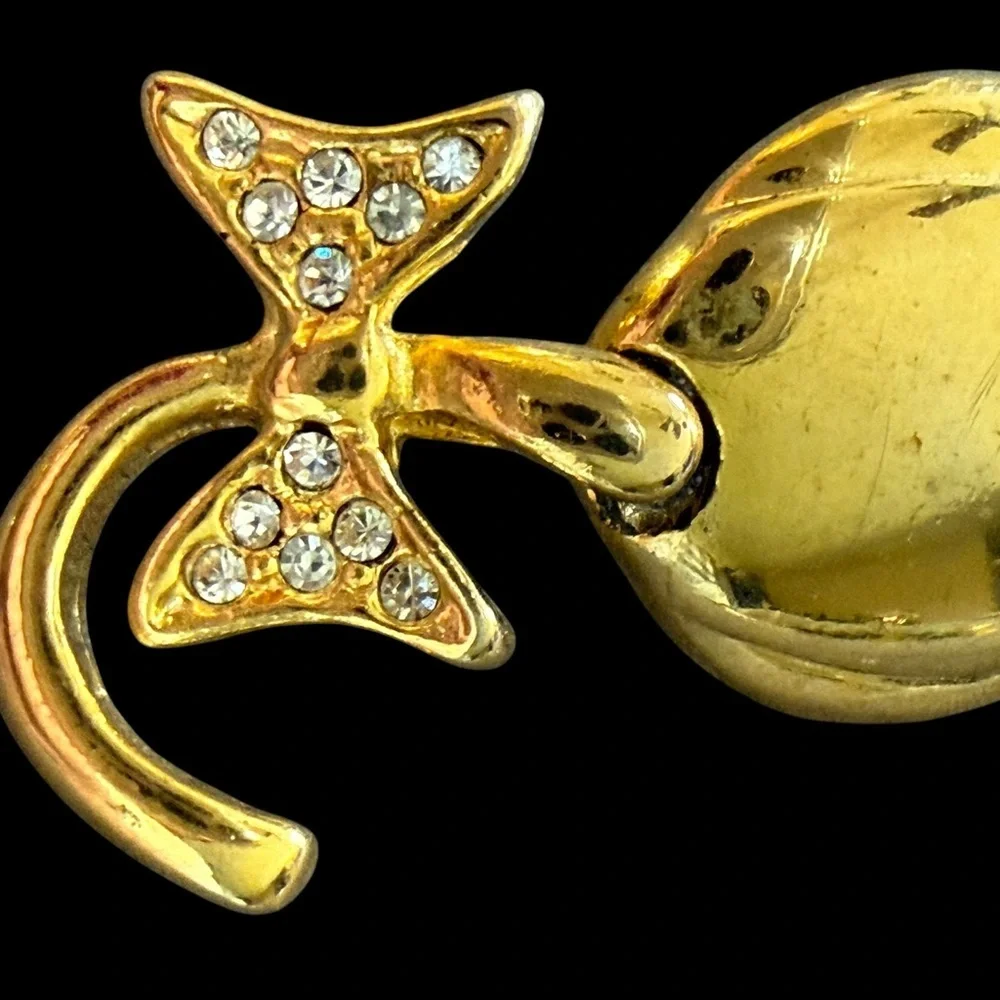 Vintage Gold Tone Cat Brooch Rhinestone Bow Kitty Pin Retro Cute 2.25”
